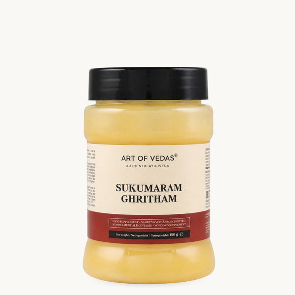 Art of Vedas Sukumaram Ghritham, klassisches ayurvedisches Ghee: Ashwagandha, Shatavari, Süßholz. 150-g-Glas